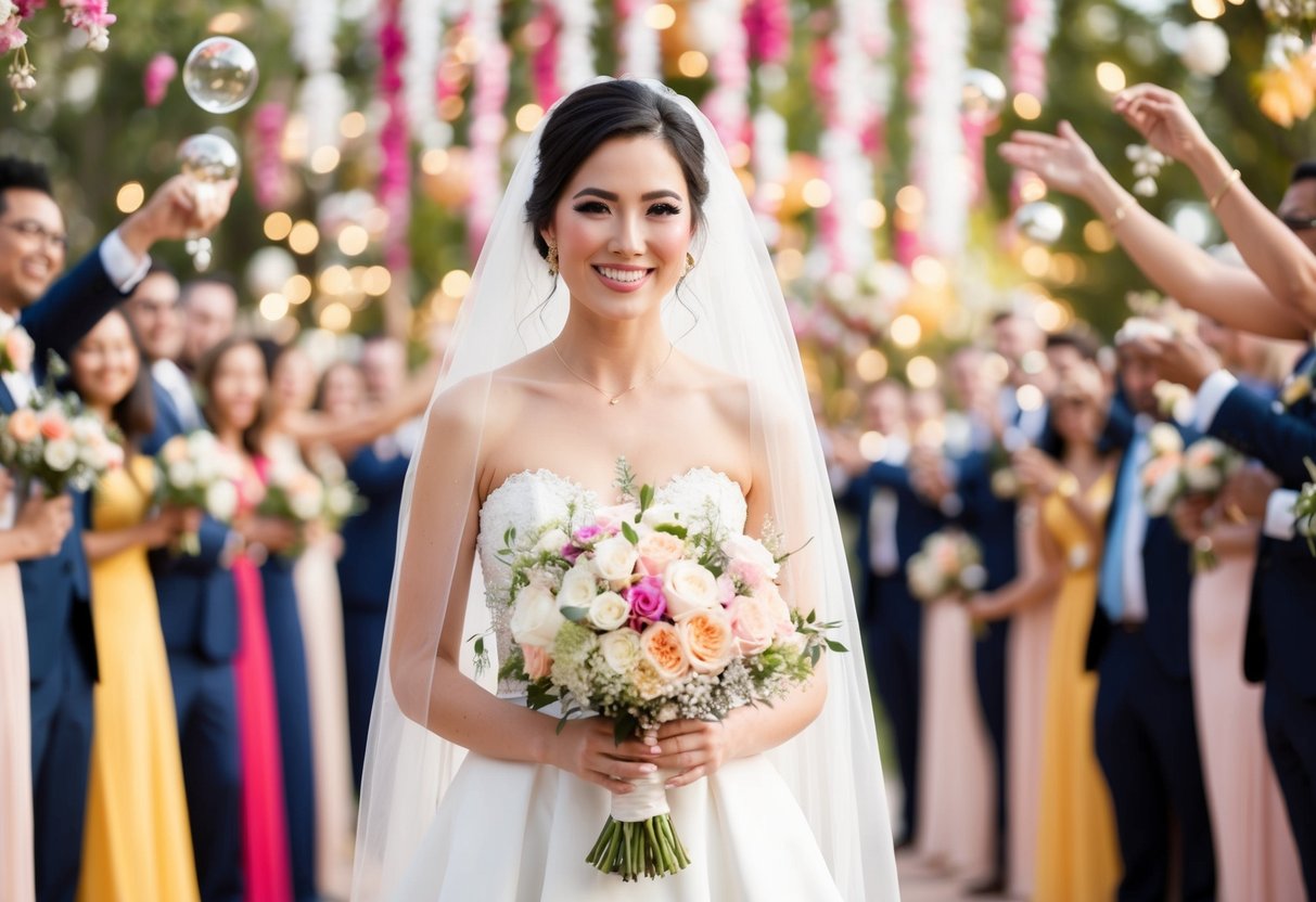 A bride holding a bouquet of flowers surrounded by romantic decorations and a joyful atmosphere