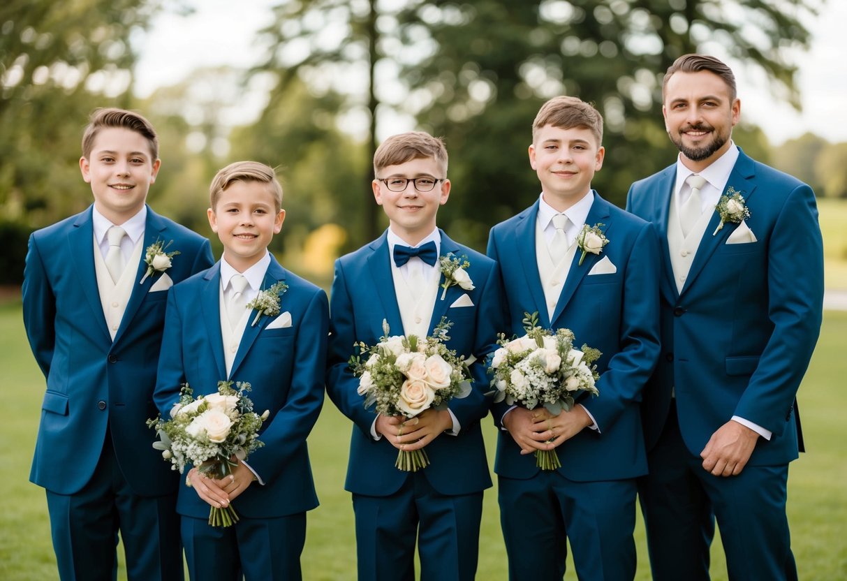 Siblings stand beside groom, holding bouquets and wearing matching suits, part of wedding party