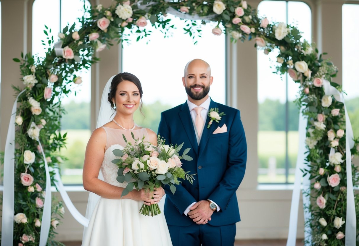 A bride holding a bouquet of flowers while standing in front of a wedding arch adorned with flowers and ribbons