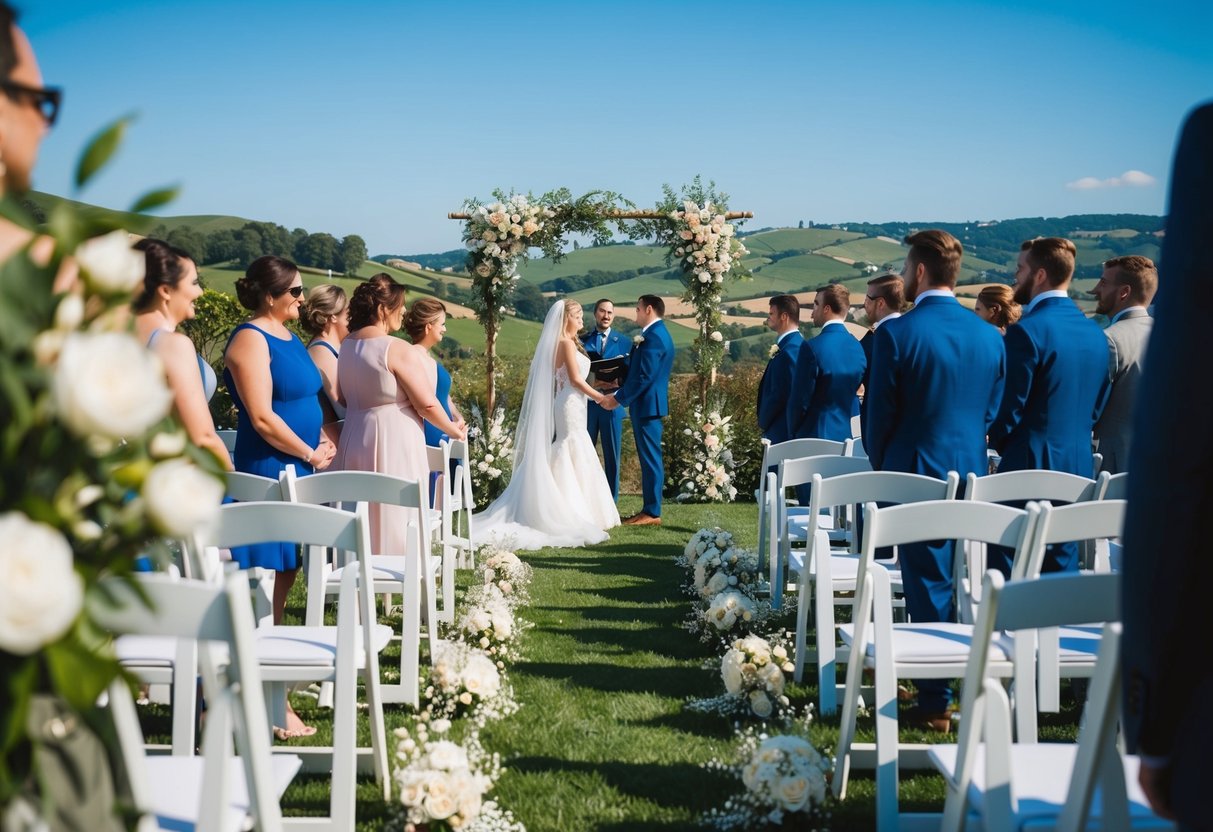 A sunny outdoor wedding ceremony in a blooming garden, with a picturesque backdrop of rolling hills and a clear blue sky