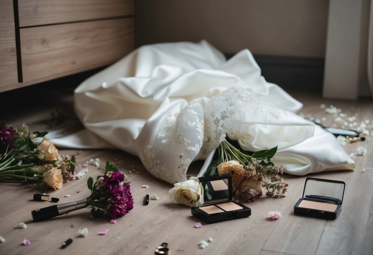 A discarded wedding dress lies crumpled on the floor, surrounded by wilted flowers and scattered makeup