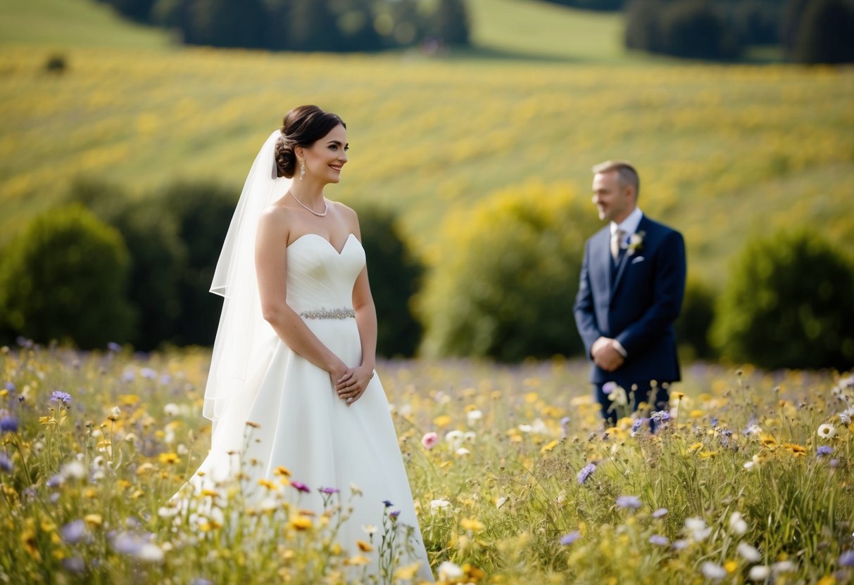 A bride in a white gown stands in a field of flowers