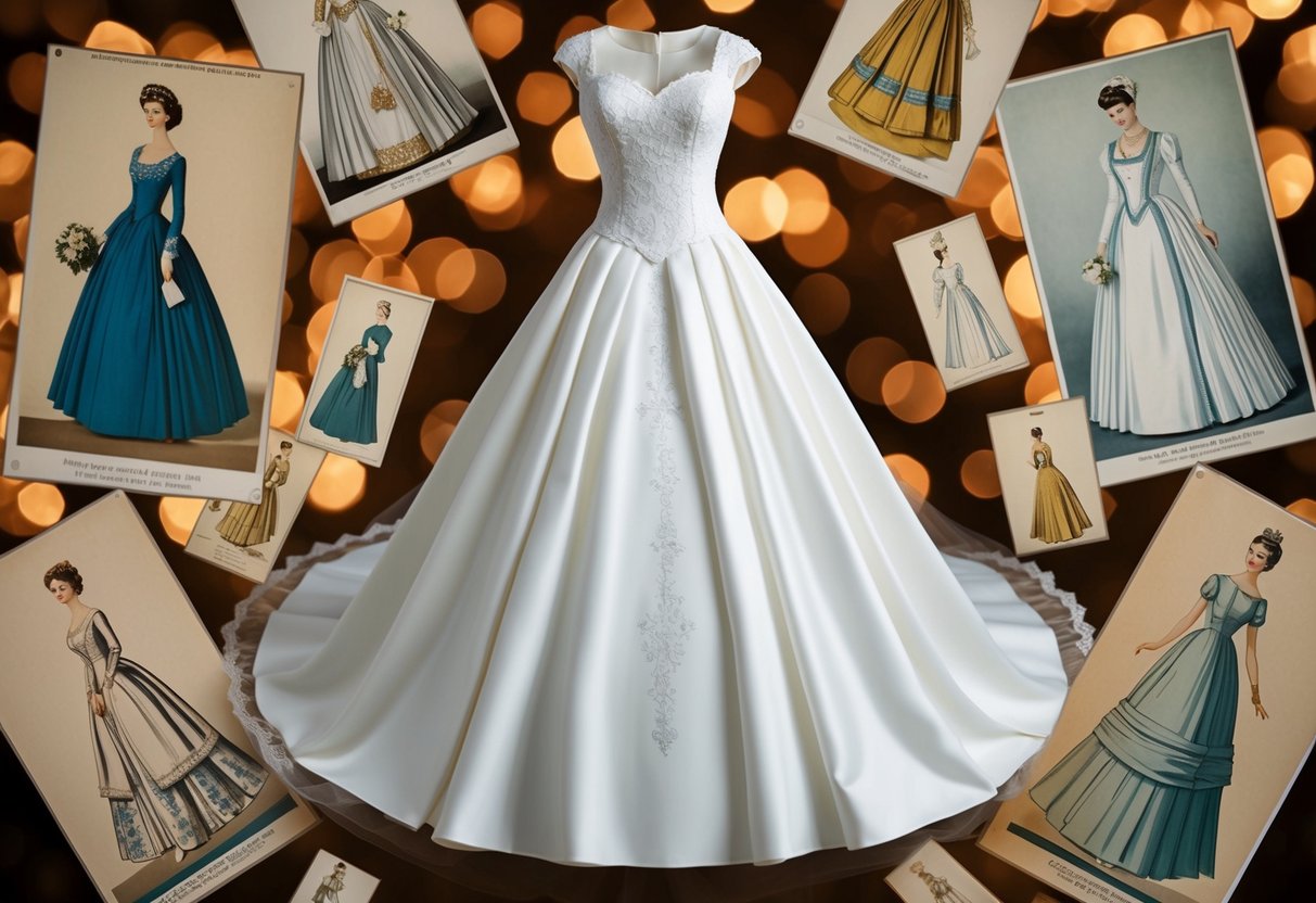 A traditional white wedding dress surrounded by historical fashion illustrations