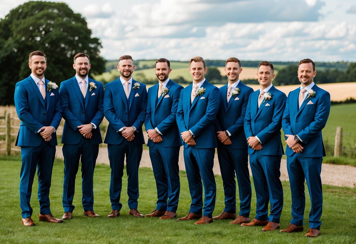 A group of six groomsmen standing in a line, wearing matching suits and holding bouquets, with a picturesque English countryside backdrop