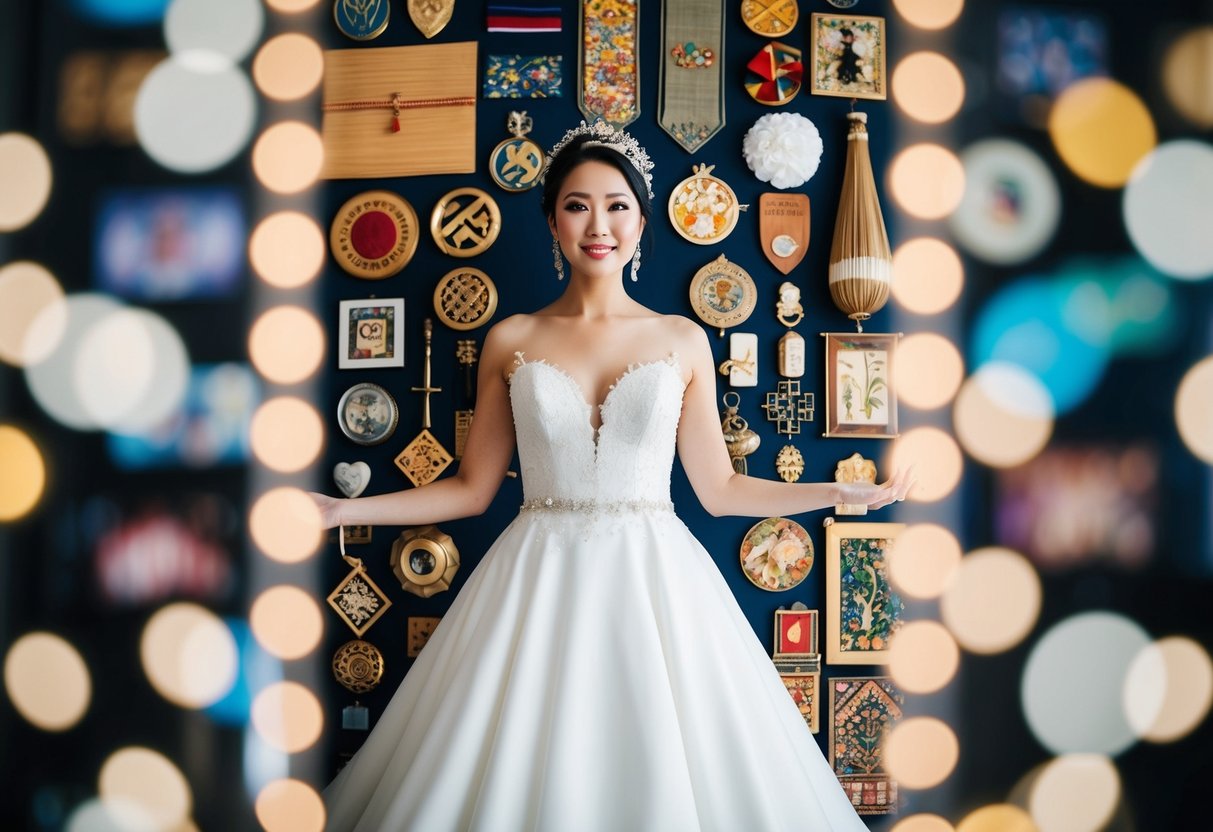 A bride in a white gown surrounded by diverse cultural symbols and personal mementos