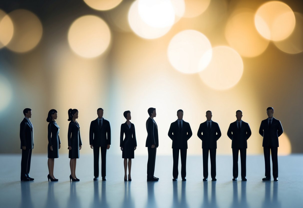 A group of figures standing in line, varying in number, with one figure standing slightly apart from the rest