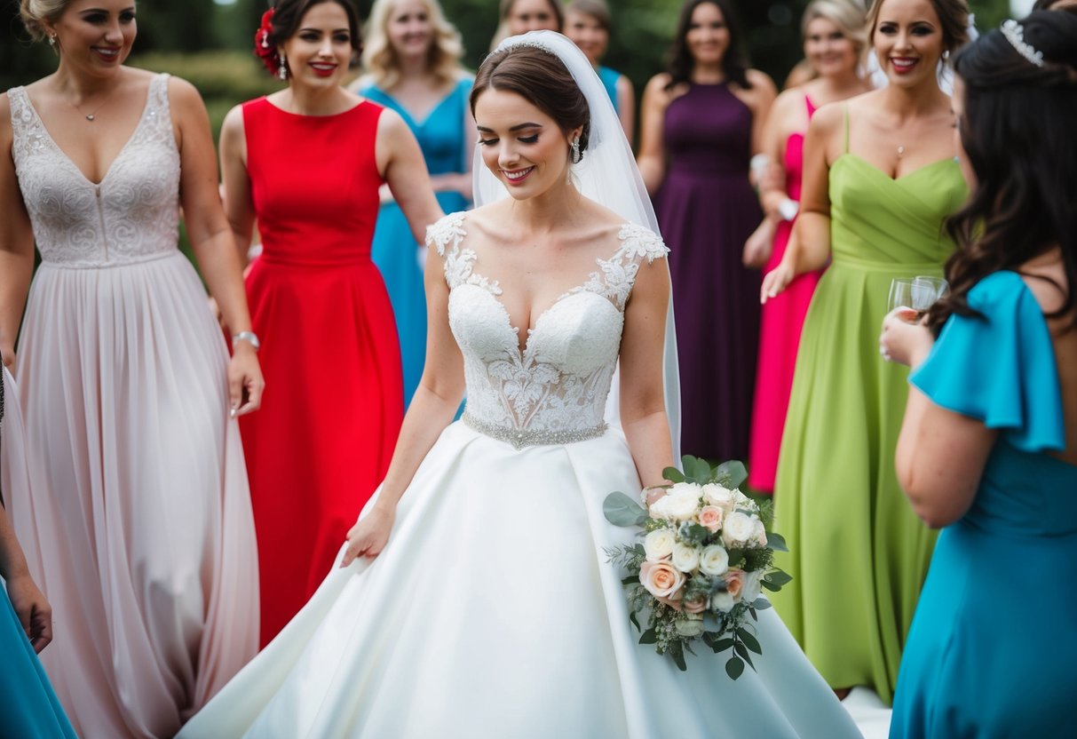 A bride in a white wedding gown surrounded by various colored dresses