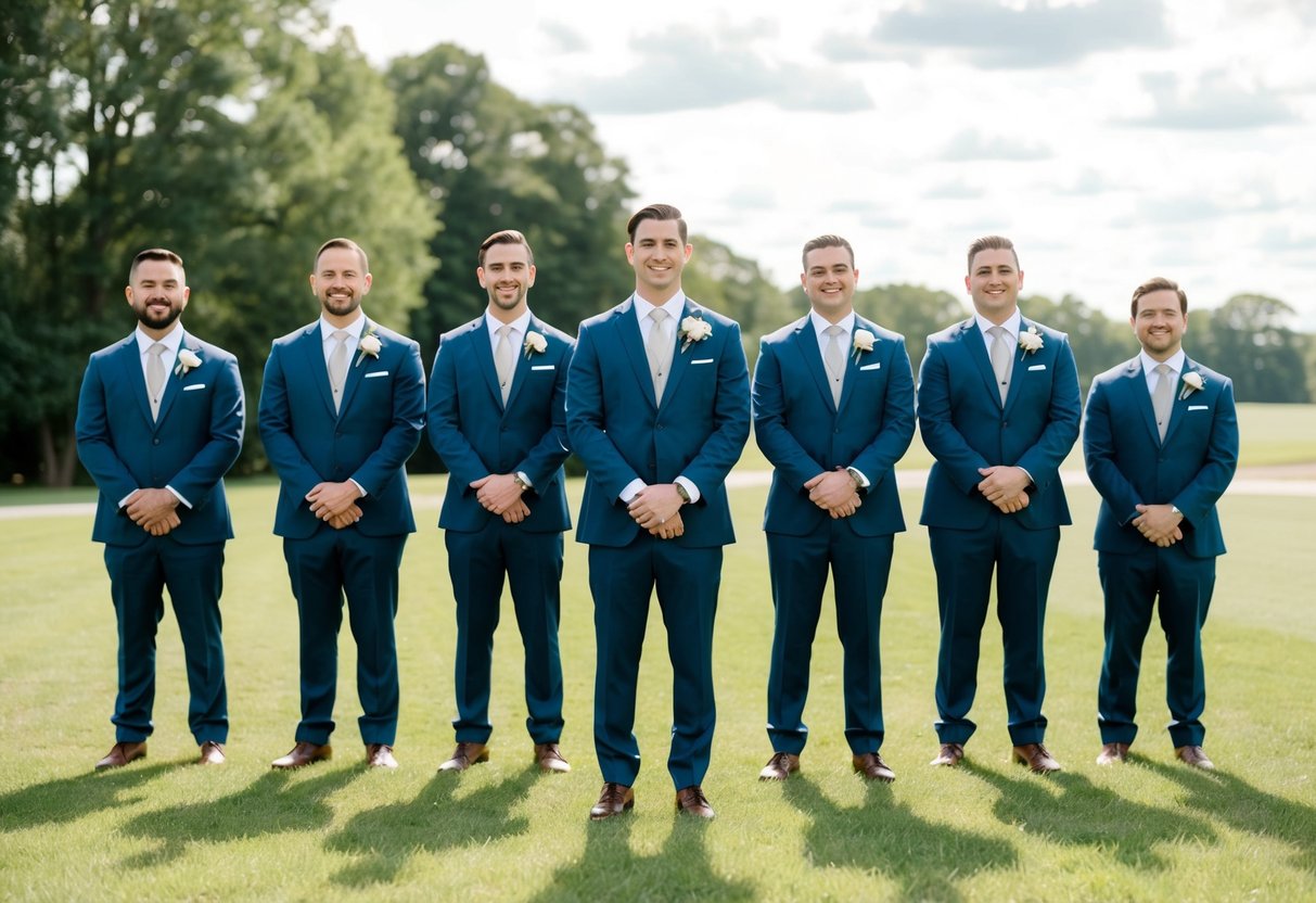 A group of groomsmen standing in a line, dressed in formal suits and holding boutonnieres, with the groom in the center