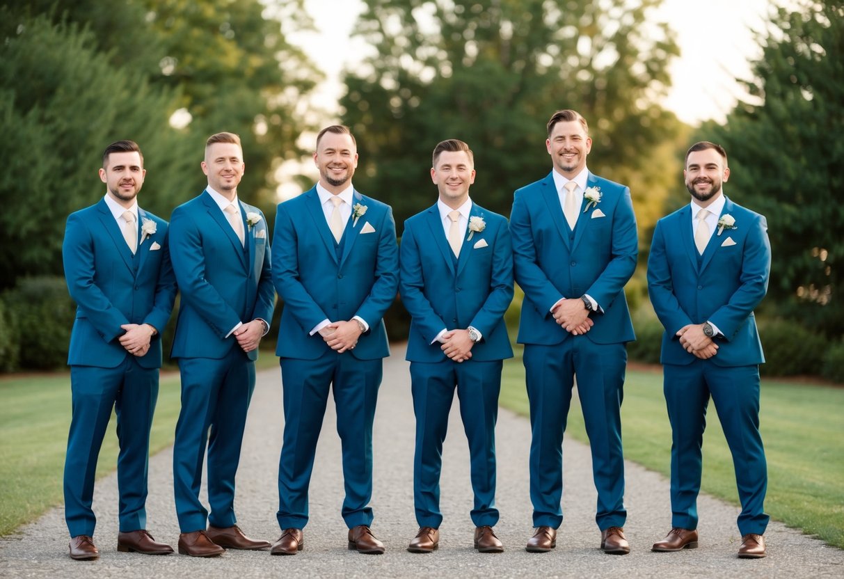 A group of five groomsmen standing in a line, dressed in matching suits and ties, with a groom in the center