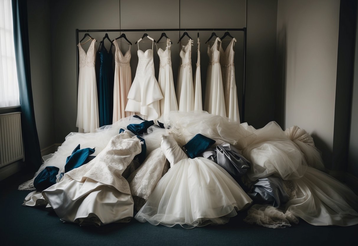 A pile of discarded wedding dresses in a dimly lit room. Some dresses are crumpled on the floor, while others hang haphazardly on a rack