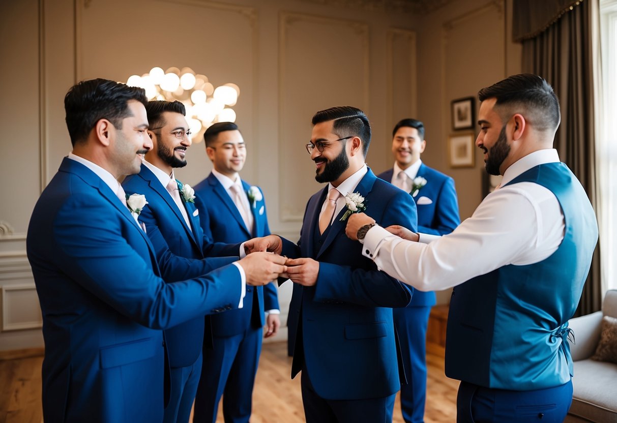 Groomsmen receiving suits from a tailor in a formal setting