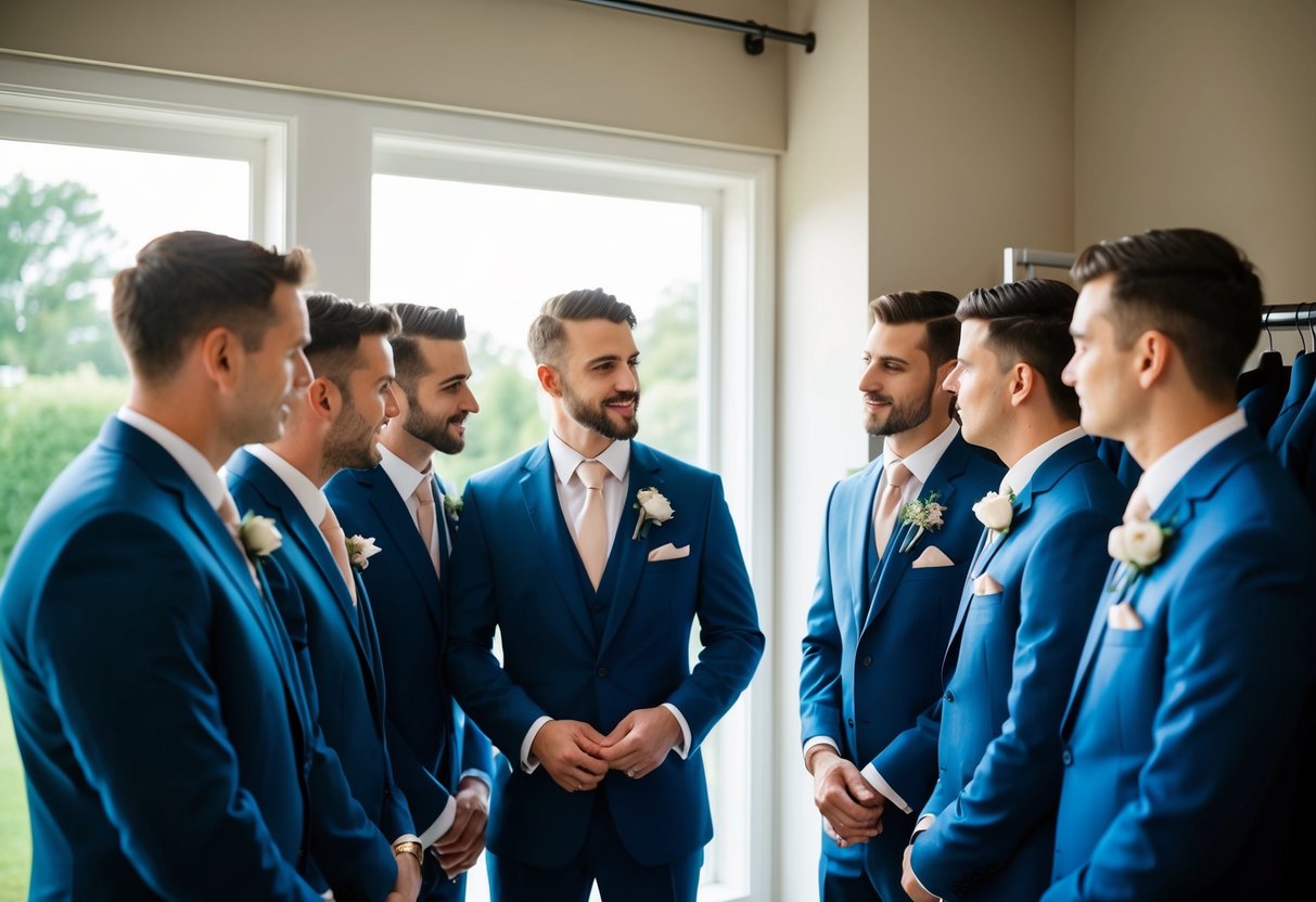 A group of groomsmen are gathered around a rack of suits, carefully considering their options. The natural light from the window highlights the different colors and styles available