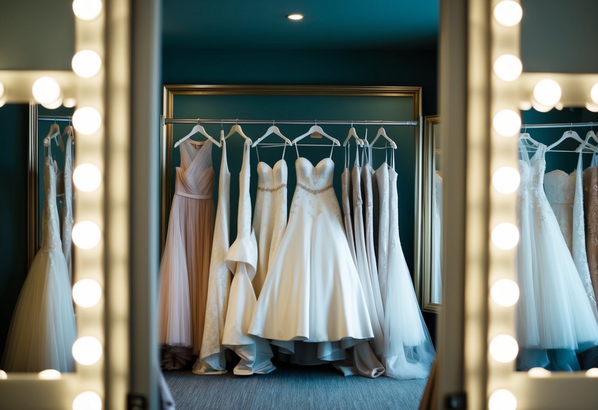 A rack of wedding dresses with varying styles and designs, surrounded by mirrors and soft lighting