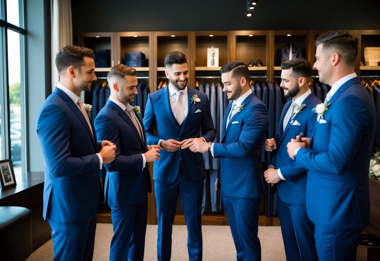 Groomsmen gather in a stylish men's formalwear shop, being measured and fitted for their sleek suits, selecting matching ties and accessories for the big day