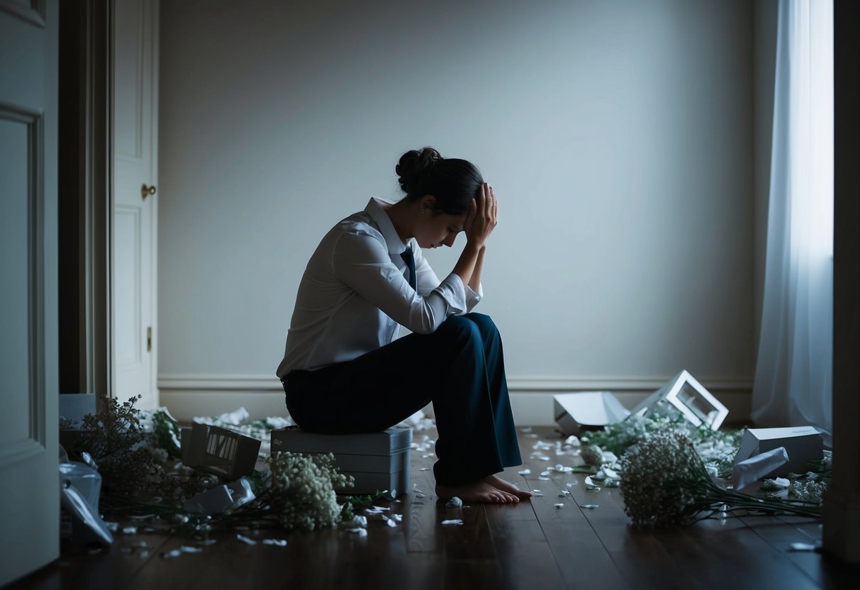 A figure sits alone in a dimly lit room, surrounded by discarded wedding decorations. Their head is bowed, and their body language exudes a sense of disappointment and sadness