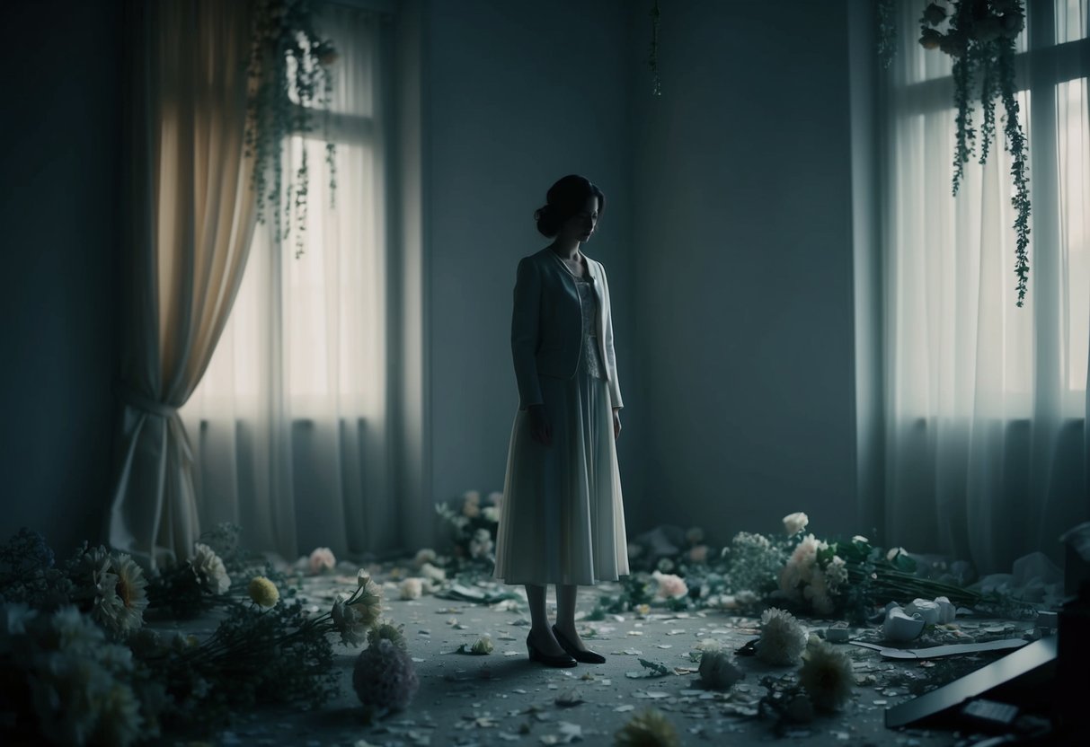 A figure stands alone in a dimly lit room, surrounded by discarded wedding decorations and wilted flowers. The atmosphere is heavy with a sense of disappointment and uncertainty