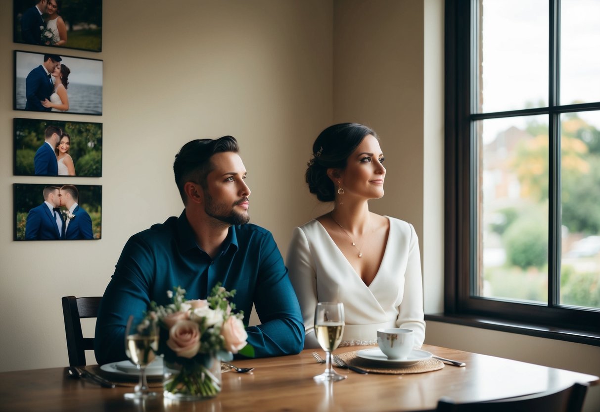 A couple sitting at a dining table, one looking contemplative while the other gazes out a window. Wedding photos on the wall