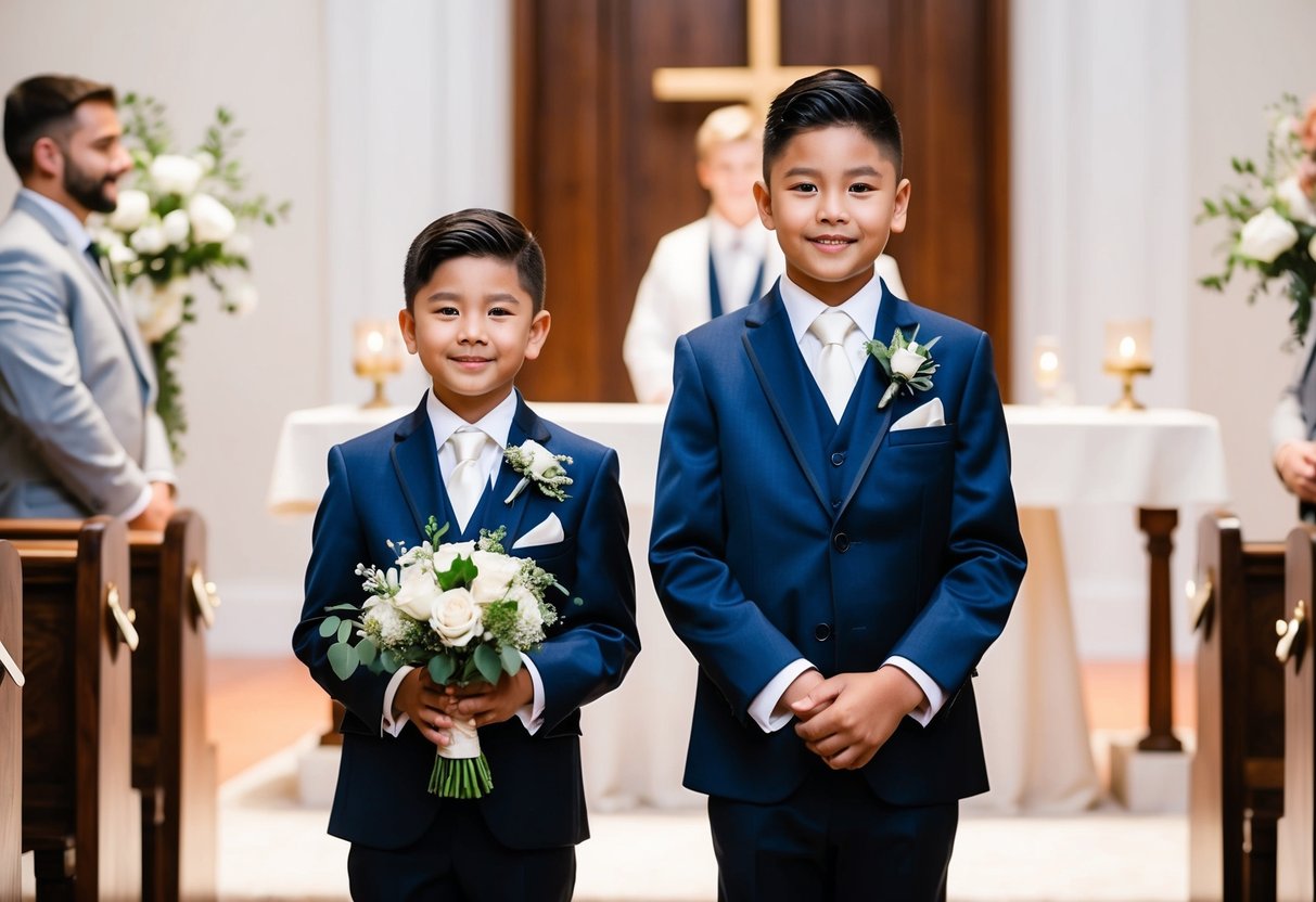 An 11-year-old boy stands proudly in a sharp suit, holding a bouquet and standing beside the groom at the altar