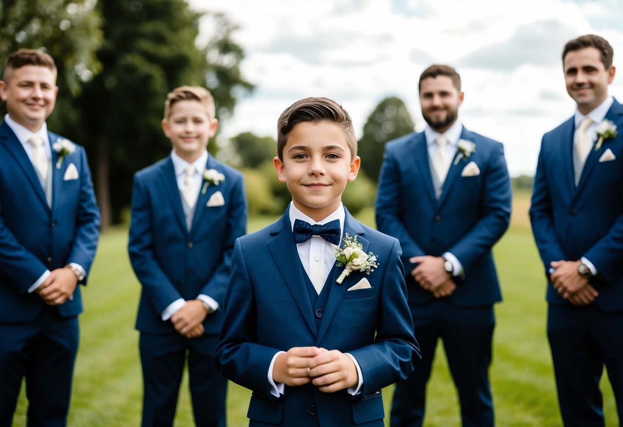 An 11-year-old boy stands proudly in a dapper suit, surrounded by the groom and other groomsmen. He holds a small bouquet or boutonniere, symbolizing his role in the wedding party