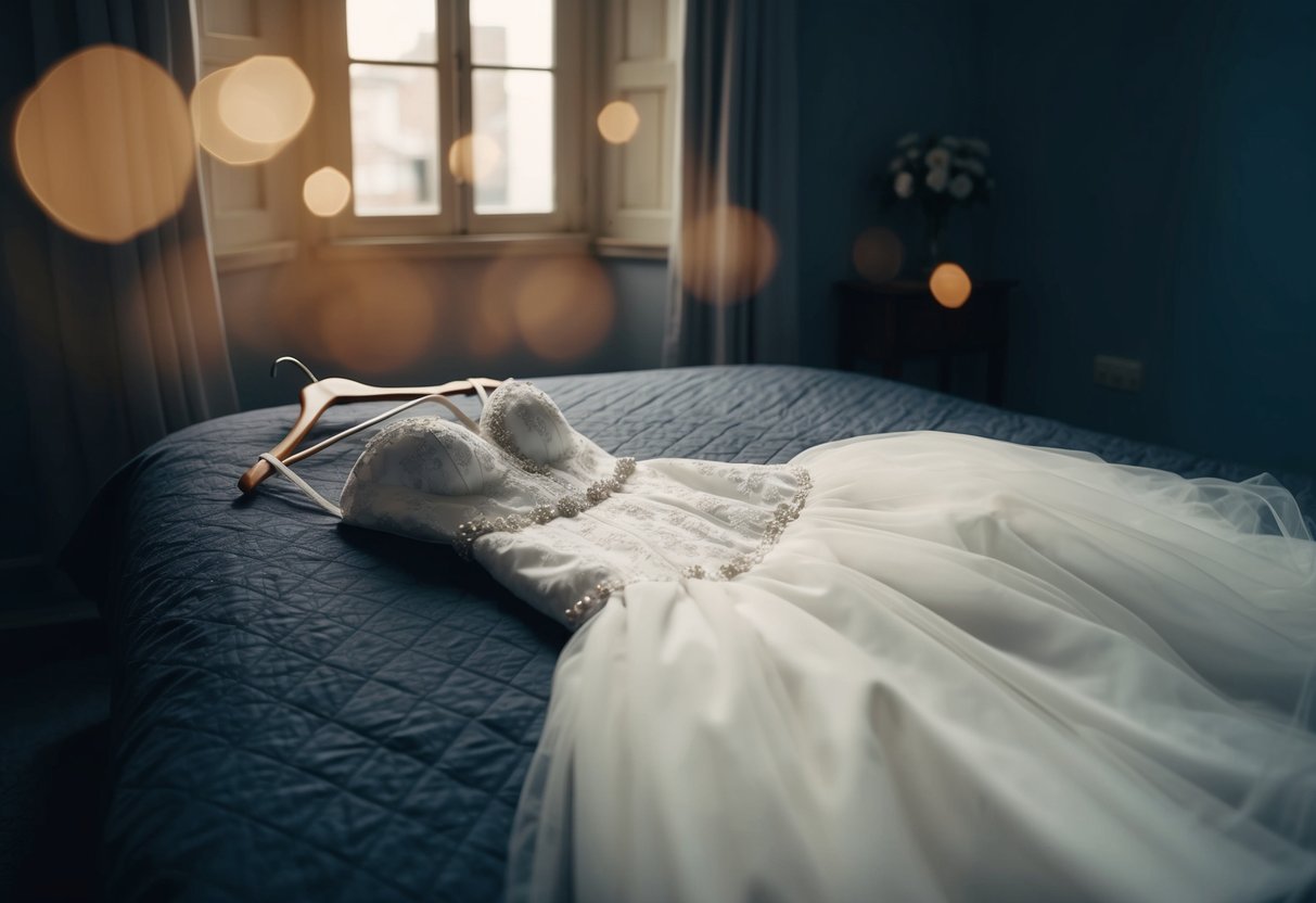 A wedding dress lying on a hanger in a dimly lit room, surrounded by a sense of nostalgia and conflicting emotions