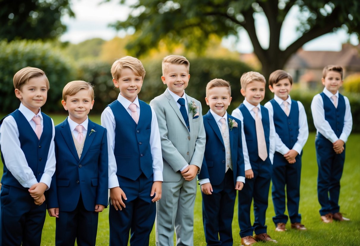 A group of children, dressed in formal attire, stand in a line with the groom at the front, smiling and posing for a photo
