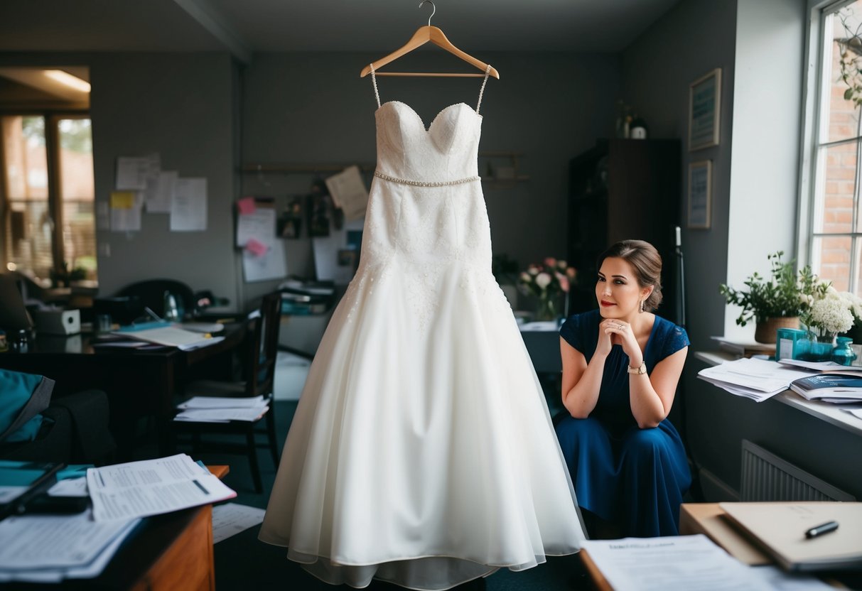 A wedding dress hanging on a hanger, surrounded by a cluttered room with scattered paperwork and a thoughtful expression on a person's face