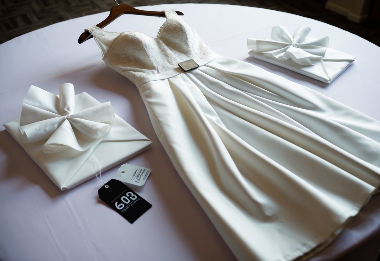 A white wedding dress laid out on a table, surrounded by neatly folded tissue paper and a price tag