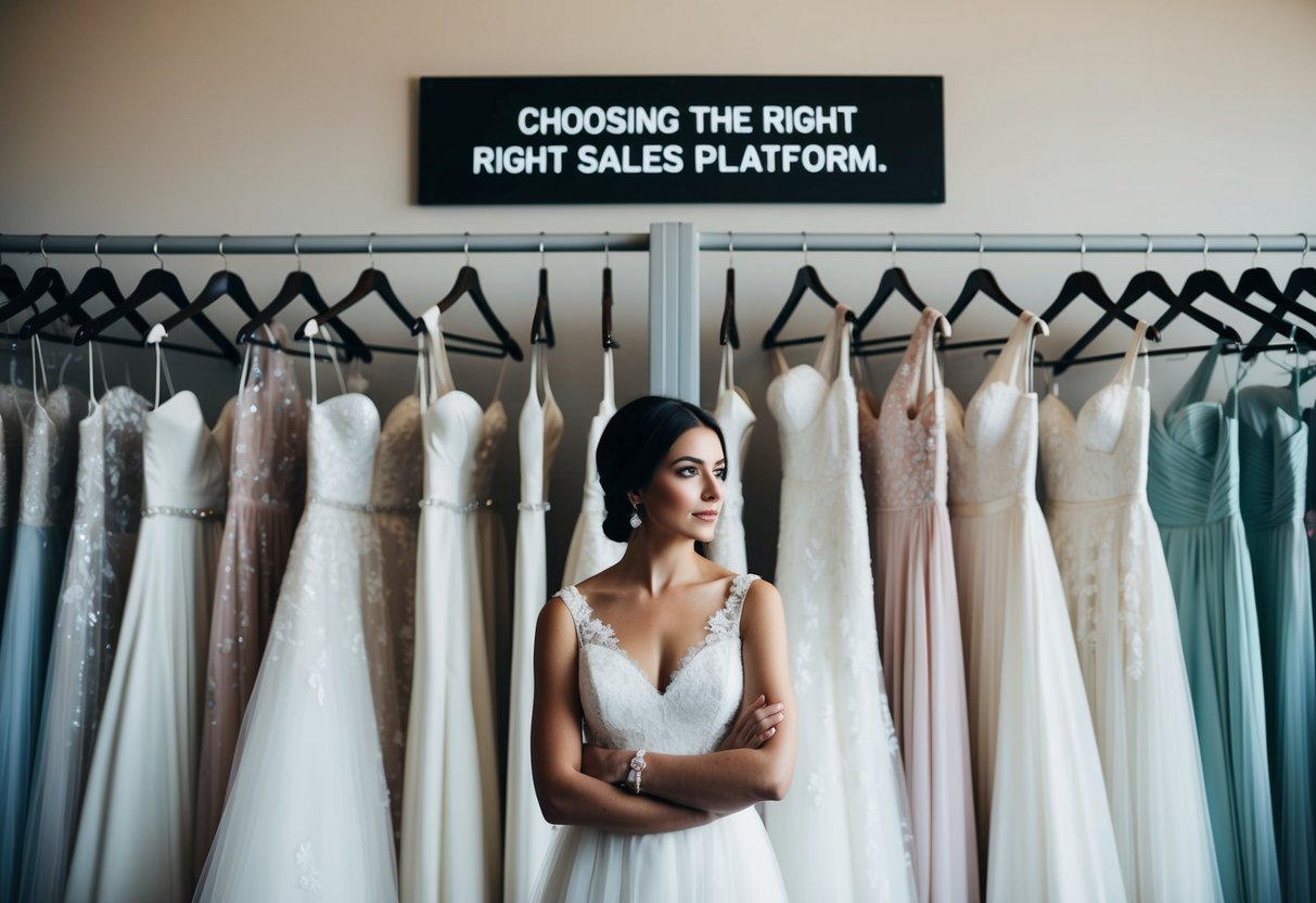 A woman stands in front of a rack of wedding dresses, looking contemplative. A sign above the rack reads "Choosing the Right Sales Platform."