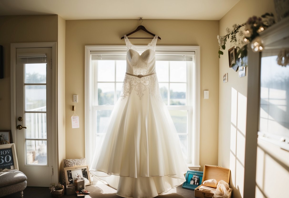 A wedding dress hanging in a sunlit room, surrounded by sentimental items and a price tag