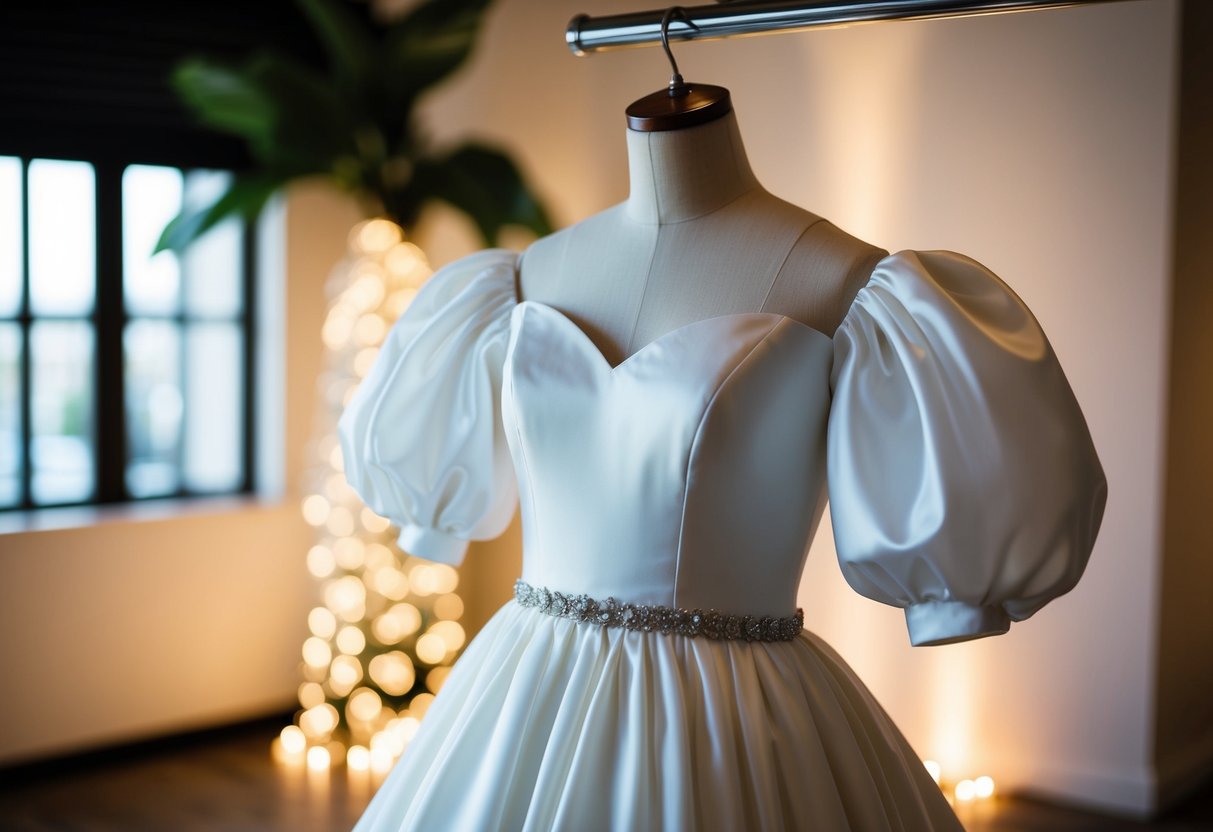 A wedding dress with puffy sleeves hangs on a mannequin, creating a voluminous silhouette