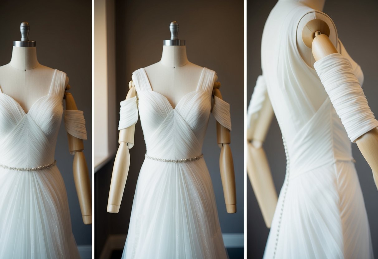 A mannequin in a wedding dress with different sleeve styles, showcasing how they accentuate or minimize the appearance of the arms