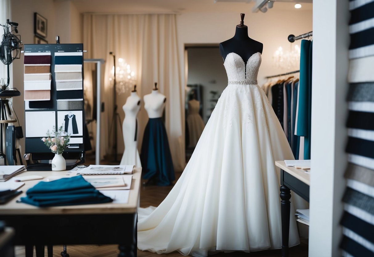 A designer's atelier with a luxurious wedding dress on a mannequin, surrounded by fabric swatches and sketches