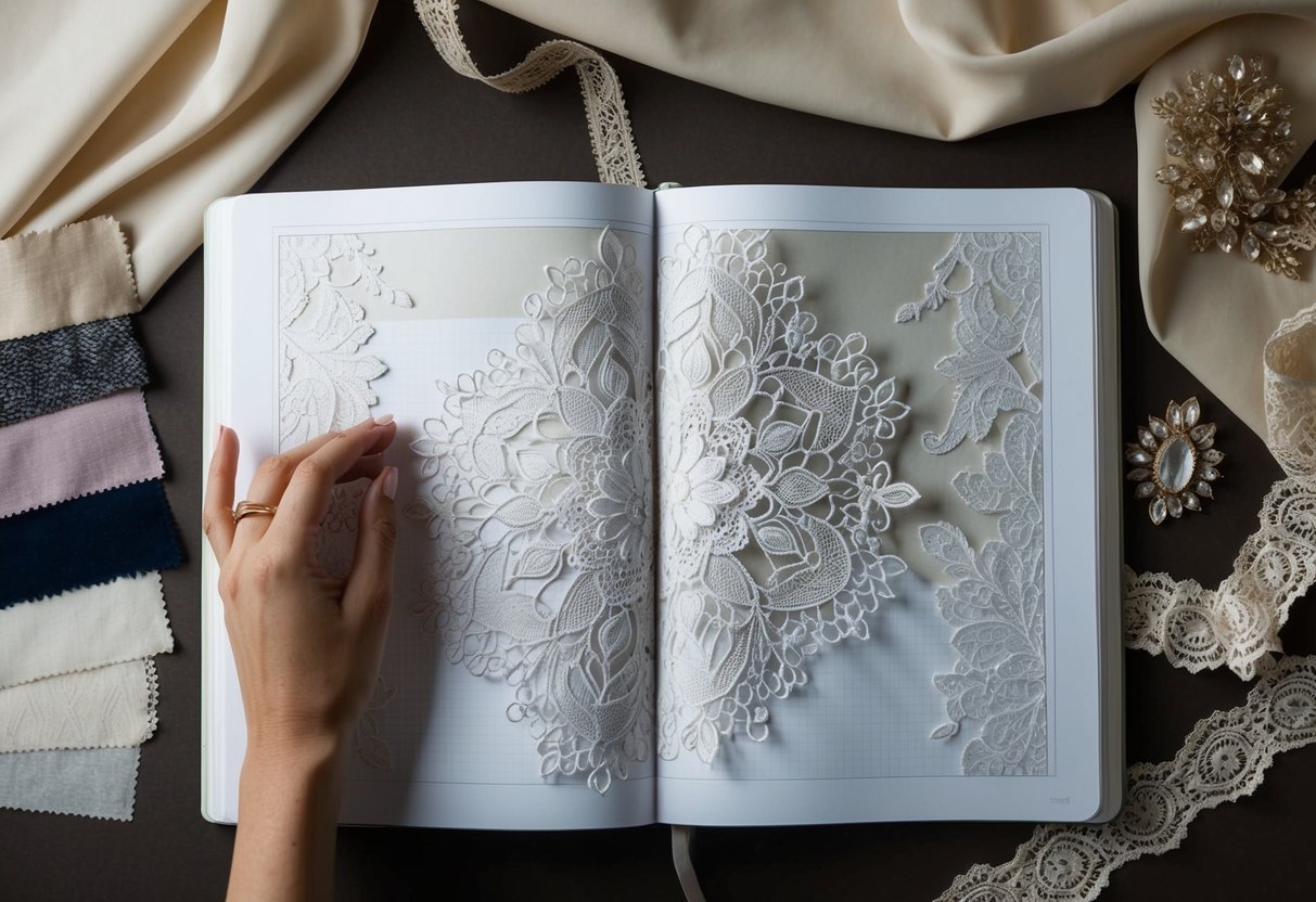 A designer's sketchbook open to a page filled with intricate lace patterns and flowing fabric, surrounded by swatches of luxurious materials and elegant trimmings
