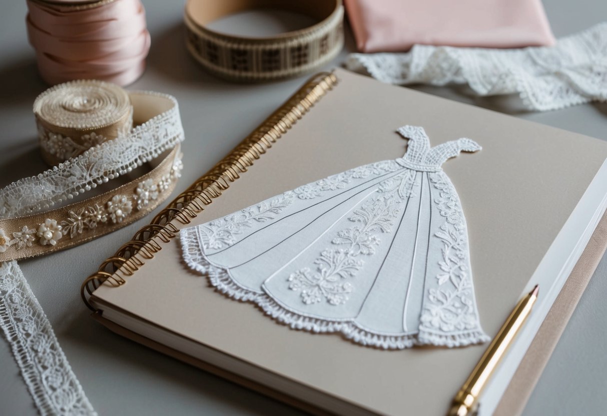 A designer's sketchbook with fabric swatches, lace trim, and a royal wedding dress design
