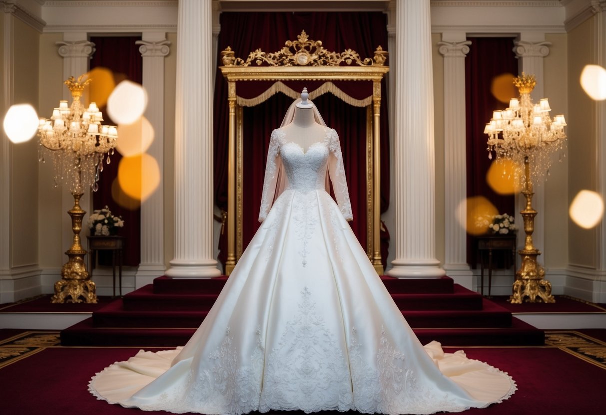 A grand wedding dress displayed in a regal setting, symbolizing legacy and luxury