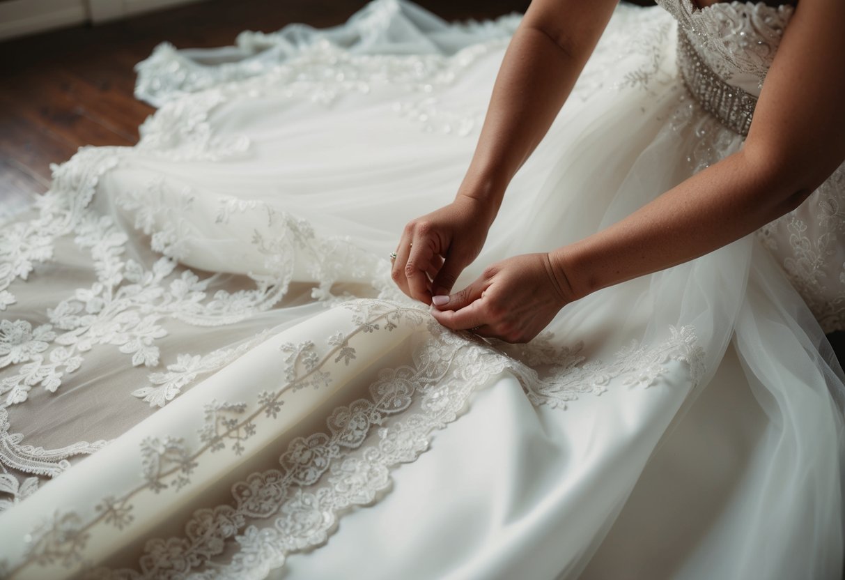 A seamstress carefully hems a flowing wedding dress with delicate lace and intricate beading