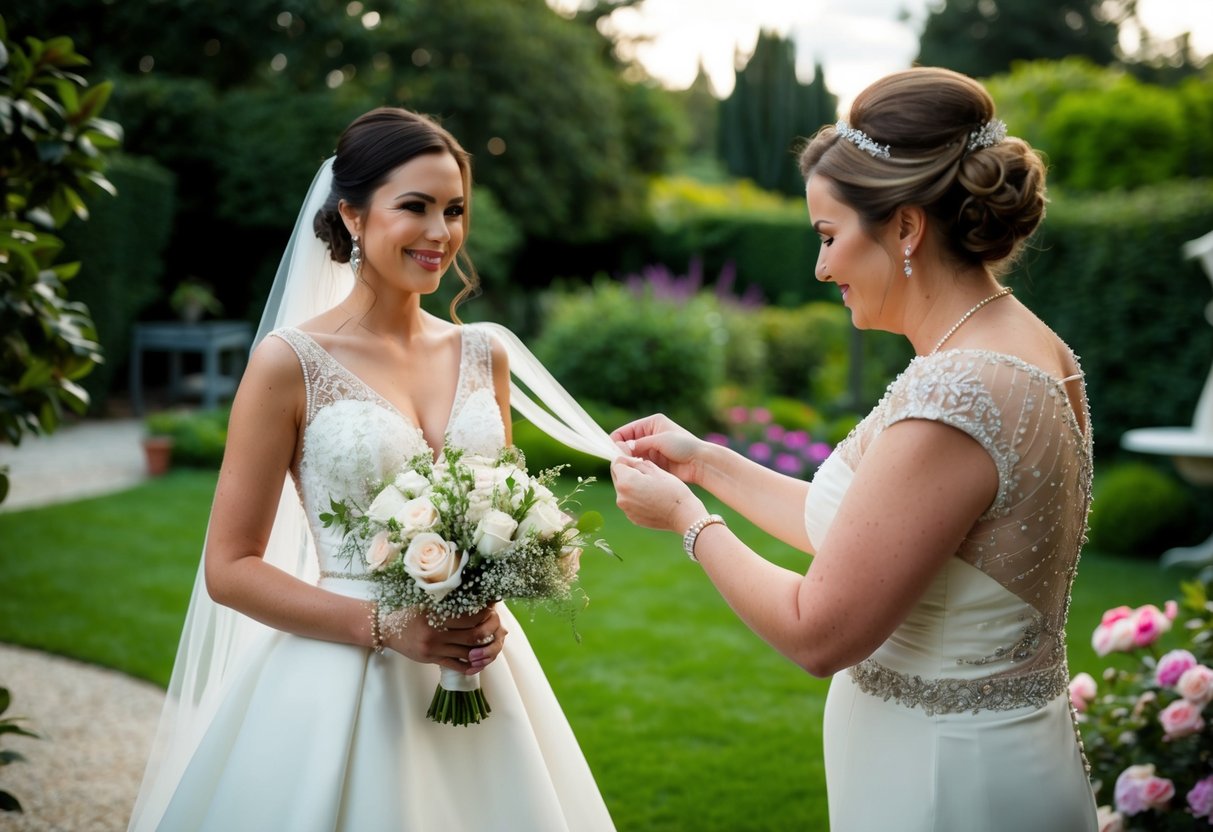 A bride stands in a lush garden, holding her wedding gown. A seamstress fits her for a second dress, adorned with delicate lace and intricate beading