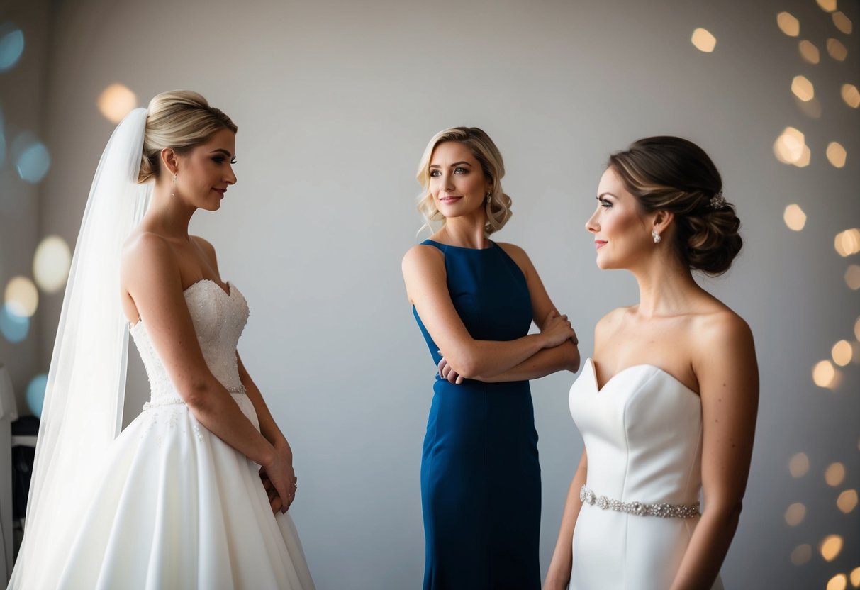 A bride standing between a traditional wedding gown and a modern, sleek dress, contemplating her options
