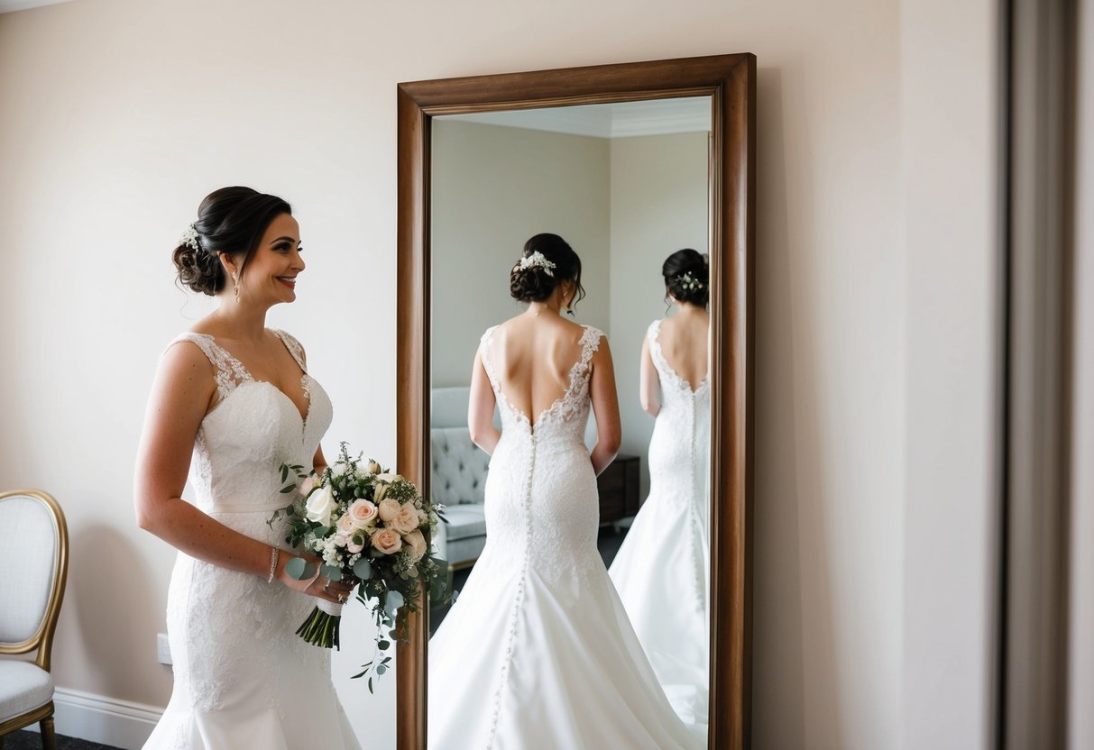 A bride standing in front of a full-length mirror, trying on a second wedding dress while holding a bouquet of flowers