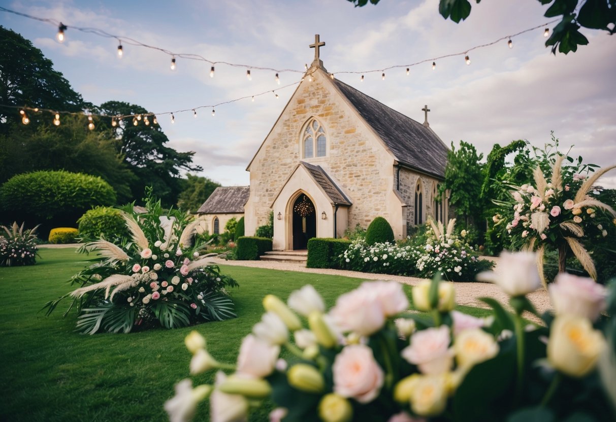 A beautiful countryside setting with a charming stone church and lush greenery, adorned with elegant floral arrangements and twinkling fairy lights