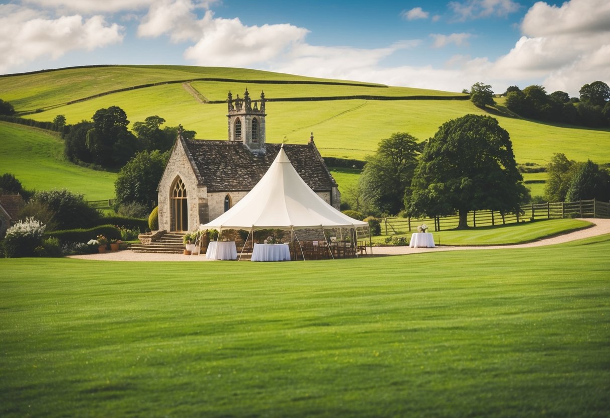 A scenic countryside wedding venue in the UK, with rolling green hills, a charming stone chapel, and a vintage-inspired reception tent