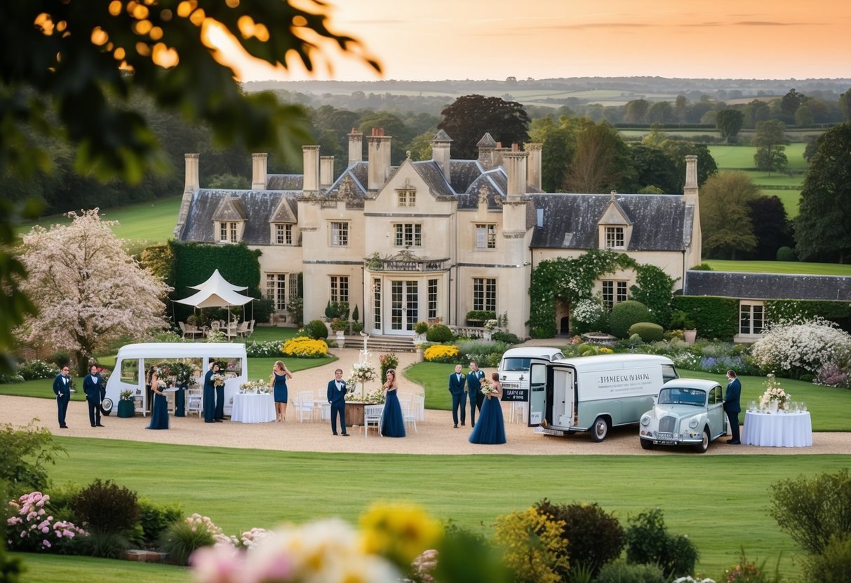 A picturesque countryside setting with a grand manor, blooming gardens, and elegant vendors showcasing their services for a destination wedding in the UK