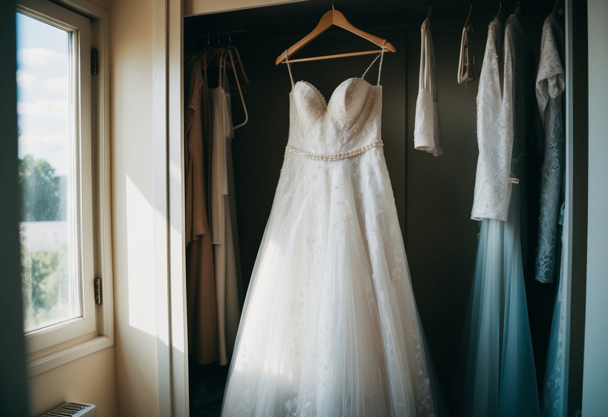 A wedding dress hanging in a dimly lit closet, covered in dust and wrinkles, with faint sunlight filtering through the window