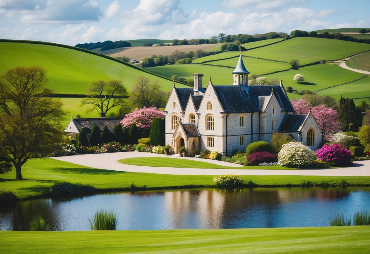 A picturesque countryside wedding venue with a grand manor house, rolling green hills, and a charming stone chapel, surrounded by blooming gardens and a tranquil lake