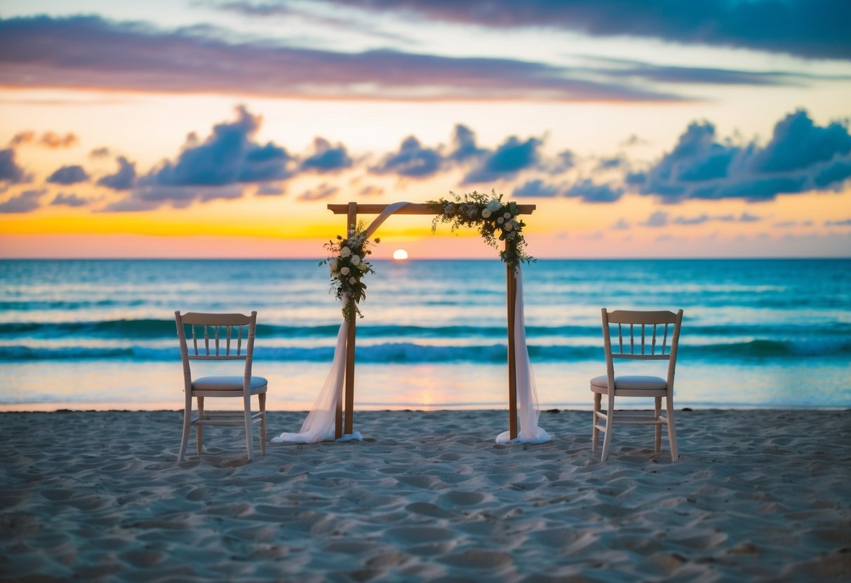 A serene beach with a colorful sunset, a small wedding arch, and two chairs facing the ocean