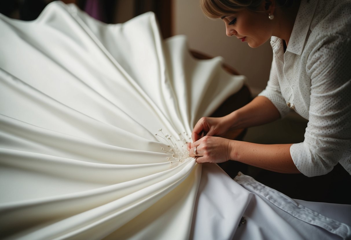 A seamstress carefully pins and adjusts the hem of a flowing wedding dress, ensuring the perfect fit for the bride's special day