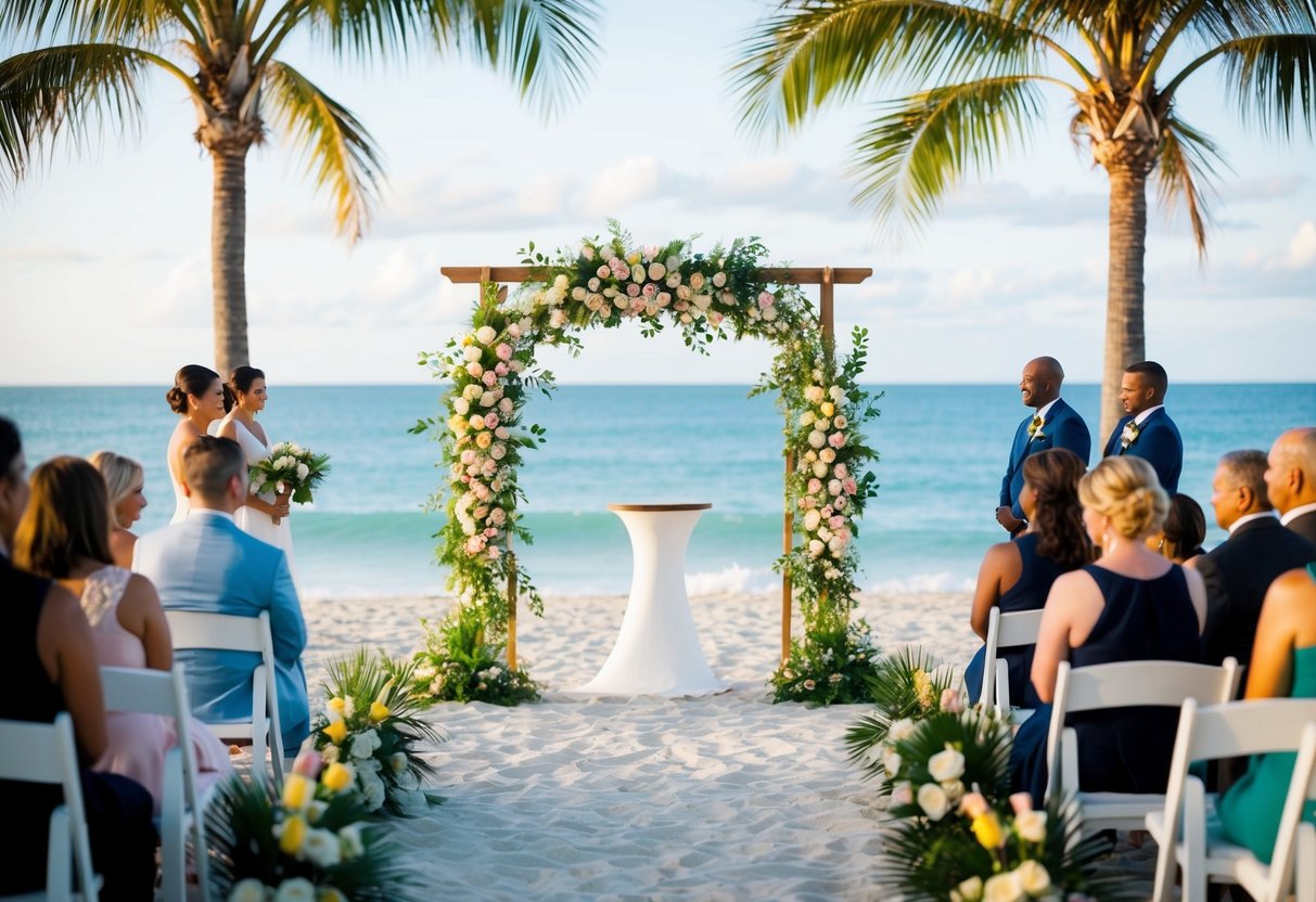 A beachside ceremony with palm trees, a flower-adorned arch, and a sparkling ocean backdrop