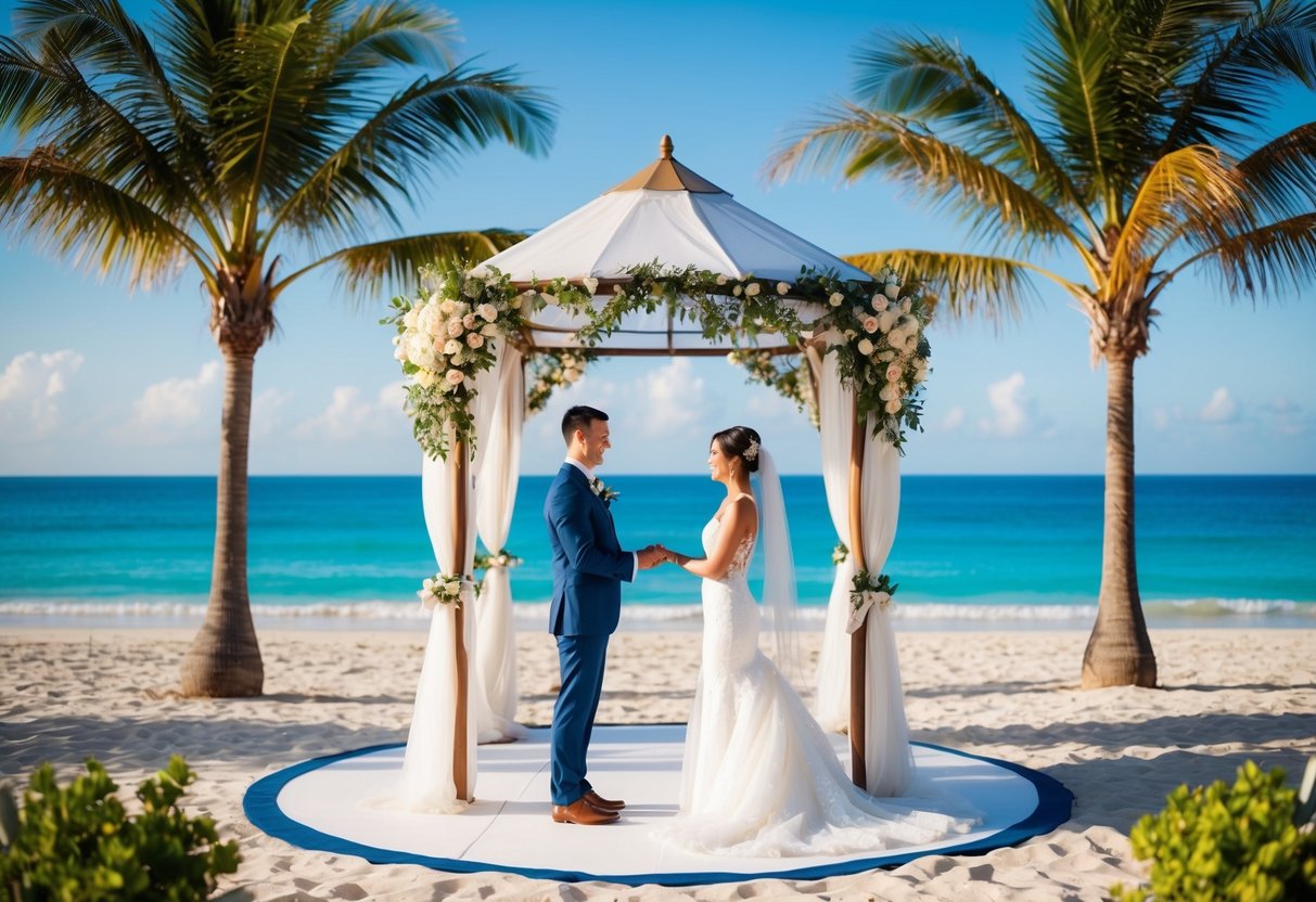 A couple stands on a beach, surrounded by palm trees and a clear blue ocean, exchanging vows under a decorated gazebo