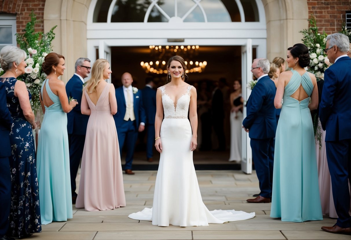 A woman in a floor-length dress stands in front of a wedding venue, surrounded by other elegantly dressed guests