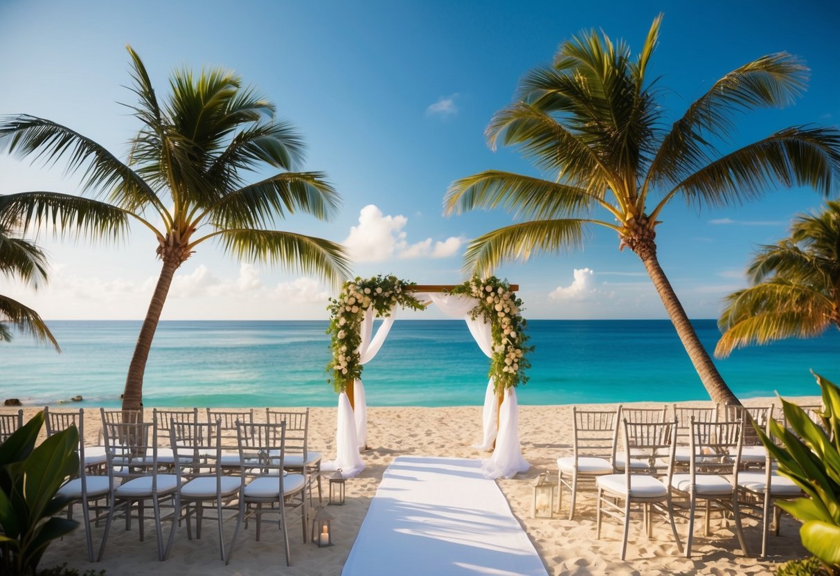 A tropical beach with a wedding arch and chairs, surrounded by palm trees and overlooking the ocean